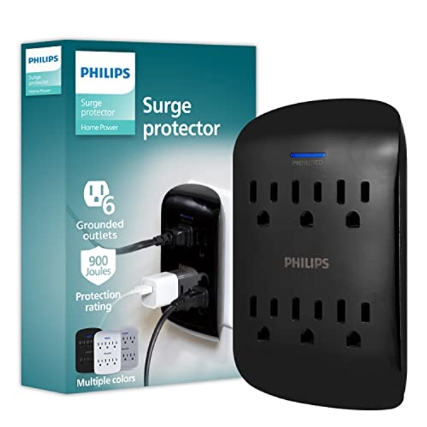 Philips Accessories Philips 6-Outlet Extender Surge Protector, 900 Joules, 3-Prong, Space Saving Design, Protection Indicator LED Light, 1 Pack, Black, SPP3461BC/37