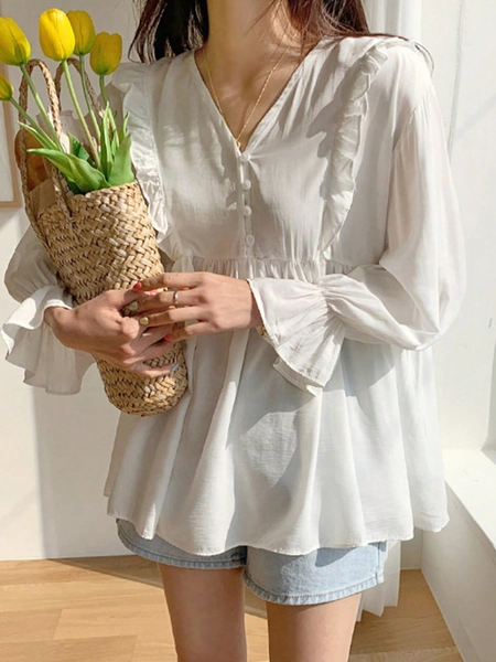 DAZY Ruffle Trim Flare Sleeve Peplum Blouse