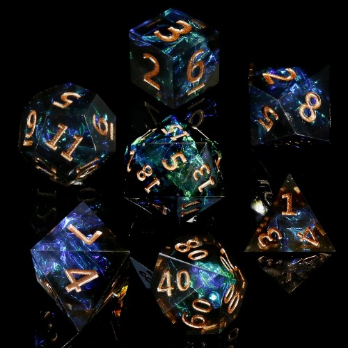 SVIZO Polyhedral Resin DND Dice Set, Handcrafted Polished Sharp Edge Tabletop D&D RPG Games Dice with Inclusions and Holder Case Dungeons and Dragons 7PCS (Black New)