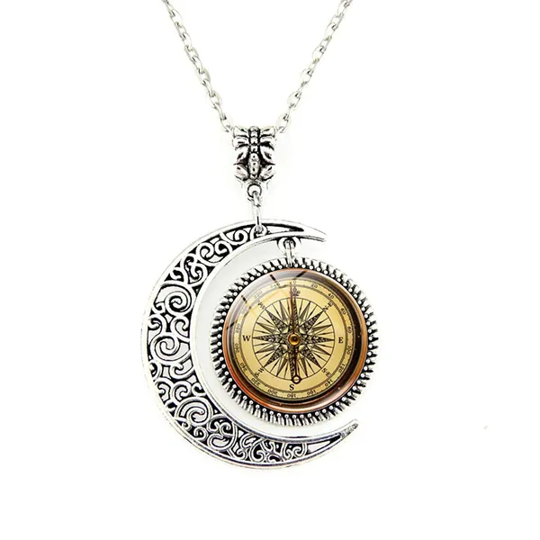 Steampunk Compass Moon Pendant, Steampunk Compass Necklace,vintage Compass Moon Jewelry, Moon Necklace Glass Art Picture