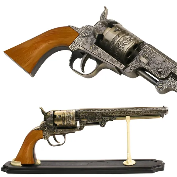 BladesUSA - Decorative Western Revolver with Display Stand - 13-inches Overall, Western Style Navy Revolver with Ornate Engravings on Body - SMB-110 - Decorative, Collectible, Cosplay