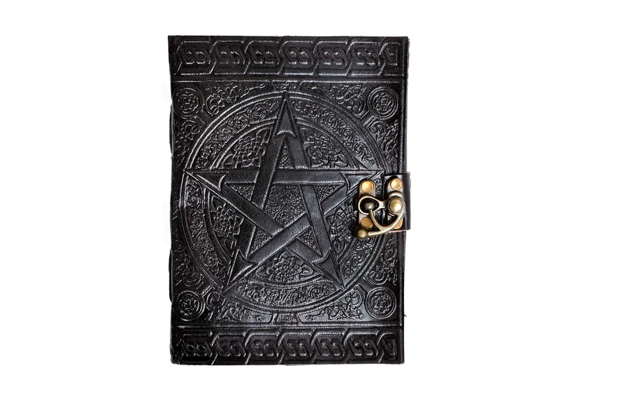 Grimoire Handmade Leather Stone Pentagram Embossed Blank Journal Book of Shadows|Notebook Office Diary|College Book|Poetry Book|Sketch Book|Writing Pad|Notepad|Planner (5"x7" Inch)