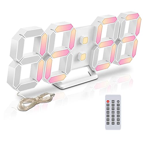 LED Wanduhr Digital Wecker 3D Uhr Dimmbar Snooze USB 12/24Stunden Datum Temperaturanzeige Fernbedienung Nachtlicht Wohnzimmer Küche Schlafzimmer Büro 25cm (Bunt) - Bunt - 25cm