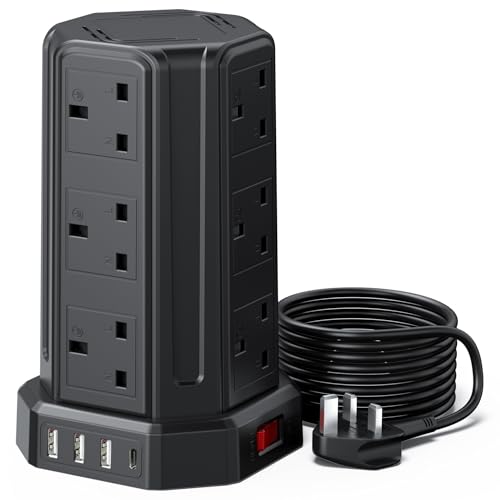 AODENG Tower Extension Lead with USB Slots 5M, 12 Way Outlets Multi Plug Extension Tower with 4 USB Slots (1 Type C & 3 USB Ports), Surge Protector Long Extension Lead tower for Home, Office, Kitchen - 5M - Black