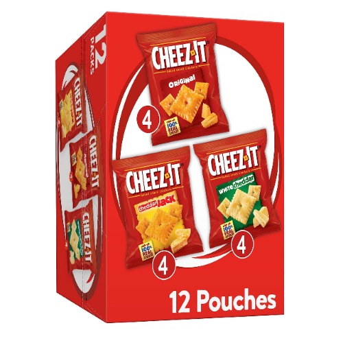 Cheez-It Baked Snack Cheese Crackers, Variety Pack, Original, White Cheddar, Cheddar Jack, 1.02 oz Bags (12 Count)