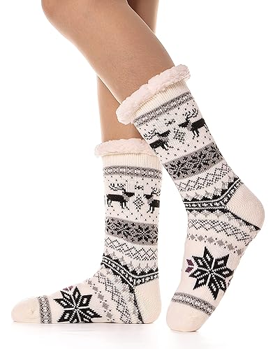 EBMORE Women Slipper Fuzzy Socks Fluffy Cozy Cabin Warm Winter Soft Thick Comfy Fleece Non Slip Home Socks - Snowflake-white