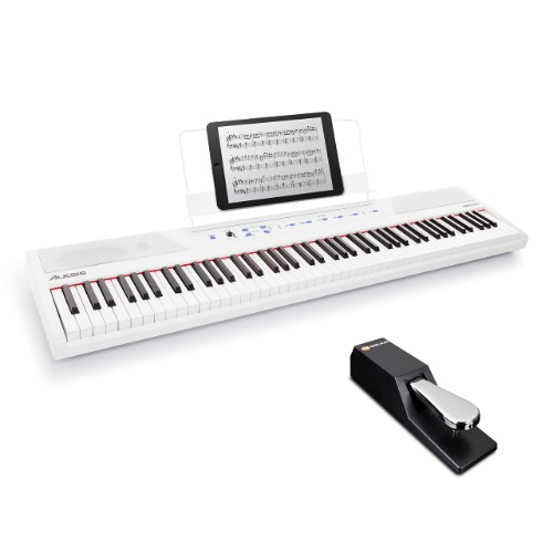 Digital Piano Bundle - Electric Keyboard with 88 Semi Weighted Keys, Built-In Speakers and Sustain Pedal – Alesis Recital (White) and M-Audio SP-2 - Recital White Piano + Sustain Pedal