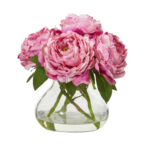 10” Peony Artificial Arrangement in Clear Glass Vase by Nearly Natural | Pink