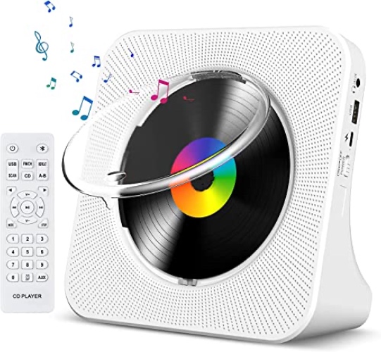 Gueray CD Player Portable Bluetooth Wall Mountable CD Player Walkman Disc HiFi Speakers with Dust Cover with LCD Screen Display Home Audio FM Radio USB Music Player 3.5mm AUX Jack & Remote Control - Desktop CD Player