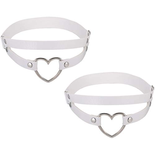 FM FM42 Multicolor PU Simulated Leather Women's Gothic Double Straps Heart O Ring Leg Thigh Elastic Garter Belt, One Pair - White, One Pair