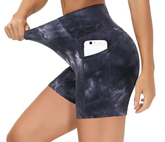 THE GYM PEOPLE High Waist Yoga Shorts for Women's Tummy Control Fitness Athletic Workout Running Shorts with Deep Pockets - Small - Tie Dye Black Grey