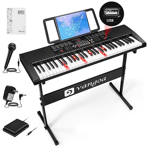 Vangoa Piano Keyboard for Beginner, VGK6101 61 Keys Electric Keyboard Piano Portable Music Keyboard with Lighted Up Keys for Kids Teens, Back to School Piano with Stand Pedal Microphone USB, Black - Black