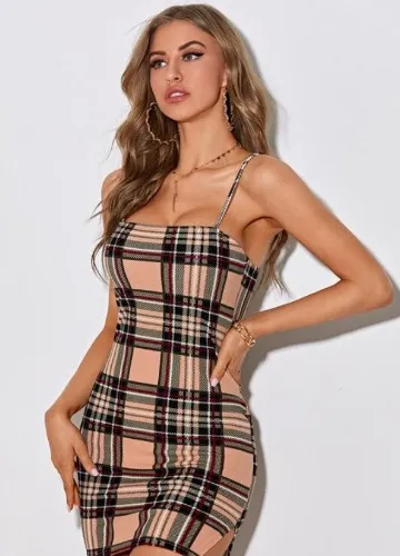 SHEIN Essnce Split Hem Tartan Bodycon Dress | SHEIN USA