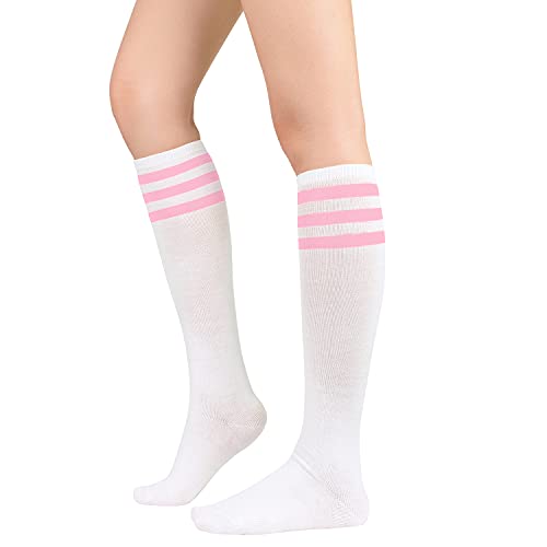 Zando Women's Tall Knee High Socks Extra Long Athletic Socks Outdoor Long Socks Stripes Casual Tube Socks Knee Socks - One Size - C White With Pink Stripes