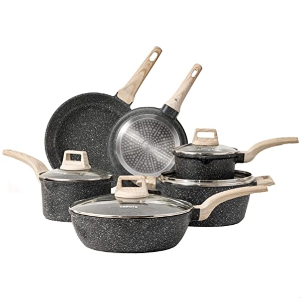 CAROTE Topfsets Pfannenset 10-Teilig,Pfanne 24,28cm,Stielkasserolle 1.5,1.7L,Topf 4L,Tiefe Bratpfanne 28cm,Antihaft-Beschichtung mit Deckel,Kochgeschirr-Set,Induktionspfanne