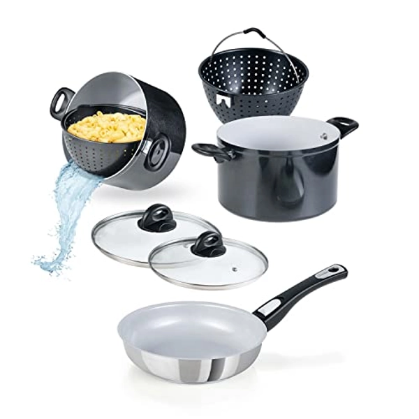 Genius Cerafit Steel Pfanne 20 cm inkl. Cerafit Magic Pot 20 cm + 24 cm | Set 7-tlg | Kochgeschirr mit kratzfester Antihaft-Beschichtung | Set für alle Herdarten + Induktion