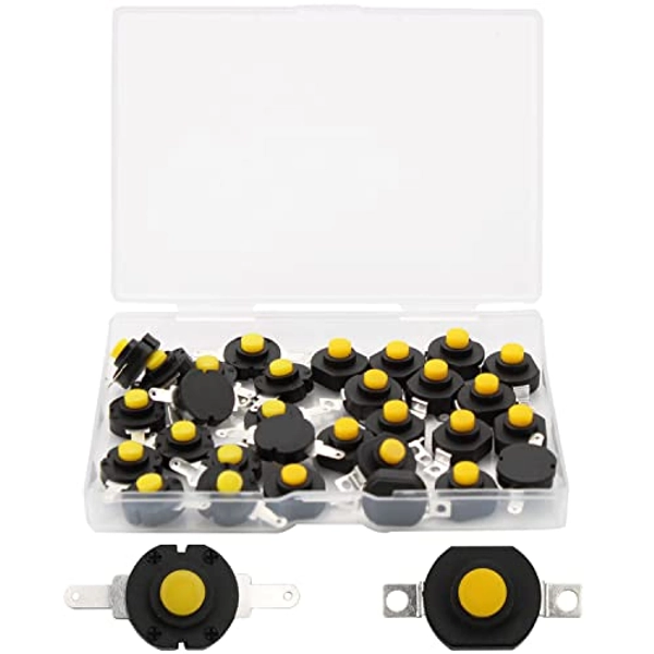 GALDOEP 30 Stücke Self-Lock Druckknopfschalter,Mini-runder Schalter mit Loch,12V 0,5A 2 Pinsdruckknopfschalter(15pcs flacher Stift mit Loch + 15pcs gebogener Stift mit Loch)