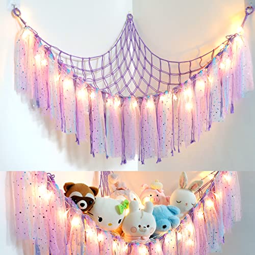 Dremisland Stuffed Animals Storage with Fairy Lights Toy Hammock Hanging Stuffed Animal Storage Organizer Holder with Lace Tassels for Nursery Play Room, Kids Bedroom - Purple