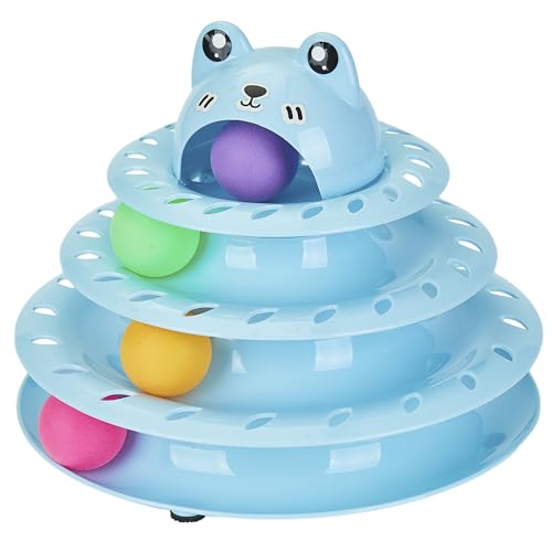 Gefryco Cat Toys 4-Tier Roller Track, Turntable Cat Tower Toy with Colorful Chase Balls, Multi-Level Interactive Cat Toys for Bored Indoor Adult Cats, Fun Puzzle Kitten Exercise Toys Self Play(Blue) - Blue