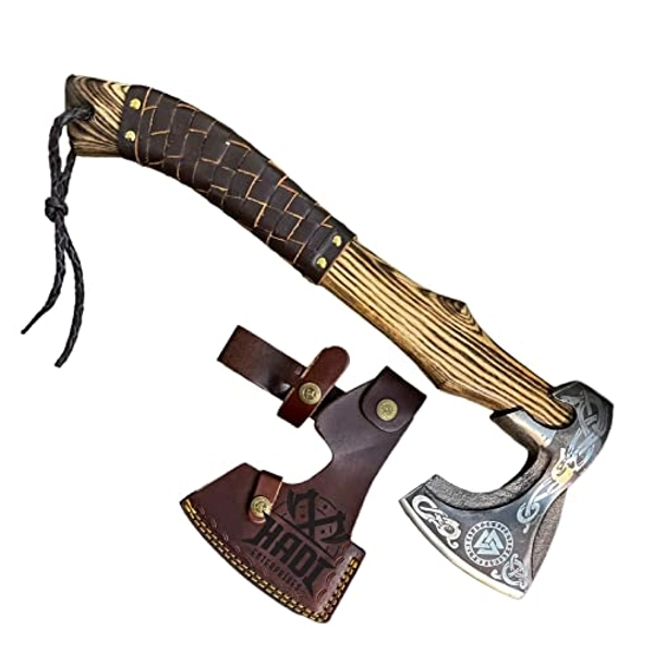 Viking Culture Viking Battle Axe | Hand-Engraved Runes and Celtic Ring Knife, The Skeggøx Set | Authentic Hand-Forged | Hardened Blades with Genuine Leather Sheath(RG-005)