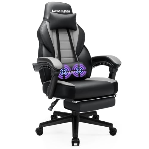 LEMBERI Gaming Chairs with Footrest,Ergonomic Video Game Chairs for Adults,Big and Tall Chair 400lb Weight Capacity, Racing Style Computer Gamer Chair with Headrest and Lumbar Support - Grey