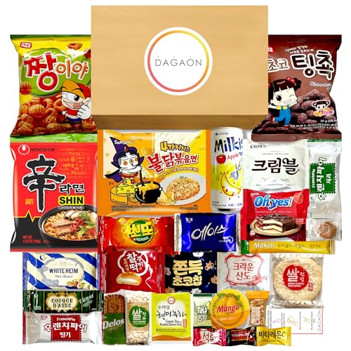 Dagaon Delightful Korean Snack Box 28 Count – Tasty Korean Snacks and Foods Including Chips, Biscuits, Cookies, Pies, Candies, Drinks, Ramen Noodles. Assortment of Korean snacks and foods for everyone.