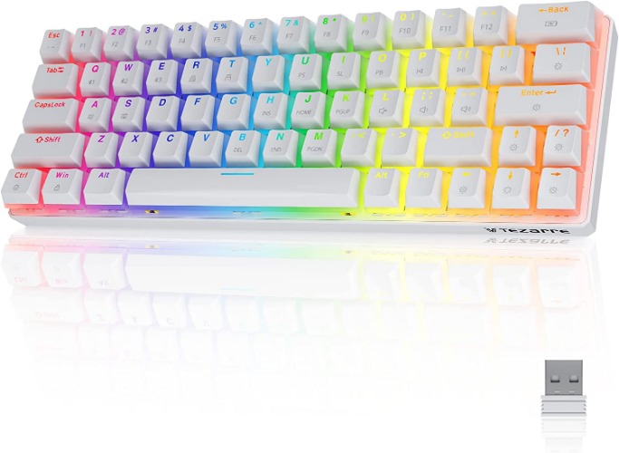 Tezarre TK63 Pro Wireless Keyboard Bluetooth/2.4G/USB Wired 60% Mechanical Gaming Keyboard RGB Backlit PBT Pudding Keycaps Hot-Swappable (Gateron Blue Switch, White) - Gateron Blue Switch white