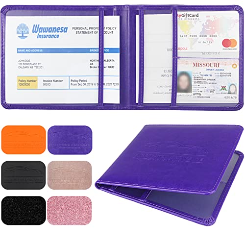 LumiMokki Car Registration and Insurance Holder, Leather Registration and Insurance Card Holder, vehicle Glove Box Organizer for Cards, Essential Document, Driver License Vehicle Paperwork (Purple) - Purple