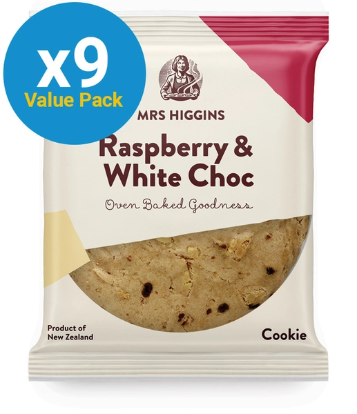 Now THAT's a cookie! Mrs Higgins: Raspberry & White Choc Cookie (85g) Pack of 9