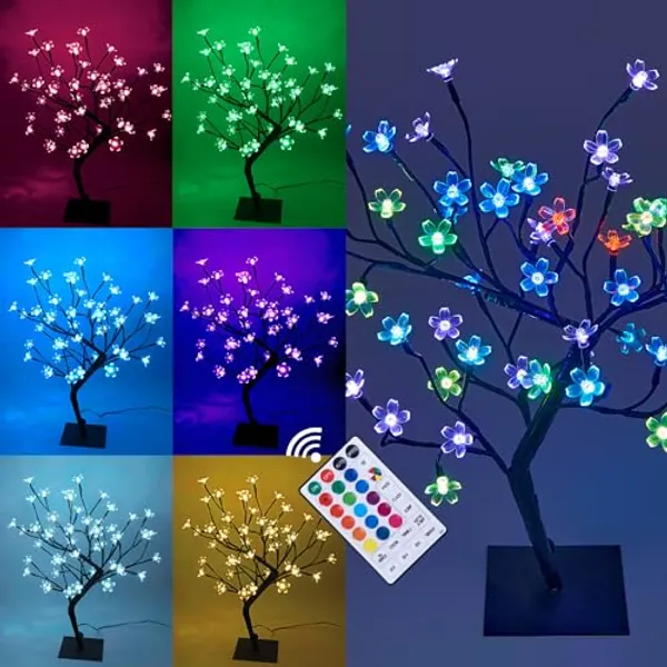 LIGHTSHARE 18 Inch Cherry Blossom Bonsai Tree, 48 LED Lights, RGB with Remote Control, 16 Color-Changing Modes, 24V UL Listed Adapter Included, Metal Base Ideal As Night Lights - RGB (Red, Green, Blue)