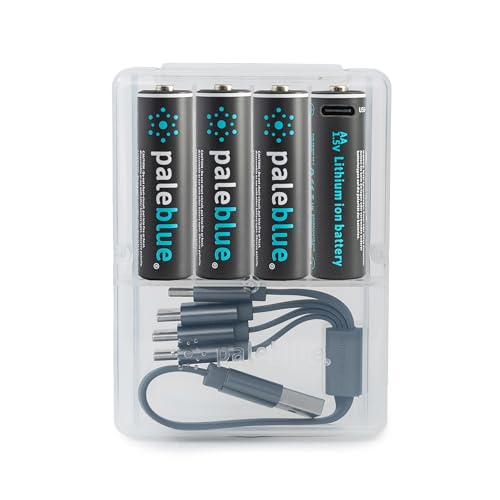 USB Rechargeable AA Batteries by Pale Blue, Lithium Ion 1.5v 1700 mAh, Charges 1.5 Hours, Over 1000 Cycles, 4-in-1 USB-A to USB-C Charging Cable, LED Charge Indicator, 4-Pack - 4 Count (Pack of 1)