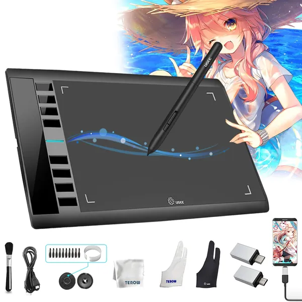 Drawing Tablet UGEE M708 V2 10x6 Inch Ultrathin Graphics Art Pad with 8 Hot Keys 8192 Level Battery-Free Stylus Support Win/Mac/Android for Paint, Creation Sketch, Online Teaching - 