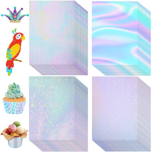 72 Sheets Holographic Sticker Paper, Transparent Holographic A4 Vinyl Laminate Film, Clear Overlay Lamination Sticker Paper Self Adhesive Waterproof, 11.7 x 8.3 Inch(Gem, Colorful, Dot, Star) - Gem, Colorful, Dot, Star