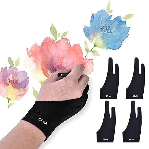 OTraki Drawing Glove 4 Pack Artist Gloves Digital Art Glove Free Size with Two Fingers Tablet Drawing Glove Right Hand for Graphics Pad Painting Good for Right or Left Hand - 2.95 x 7.87 inch - Medium - Black
