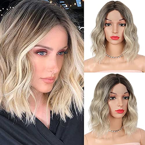 Kalyss 12" Synthetic Edge Lace Front Wigs for Women Short Wavy Bob Wig Middle Part Ombre Ash Blonde Wig for Daily Wear(12”, Ombre Ash Blonde) - Ombre Ash Blonde2