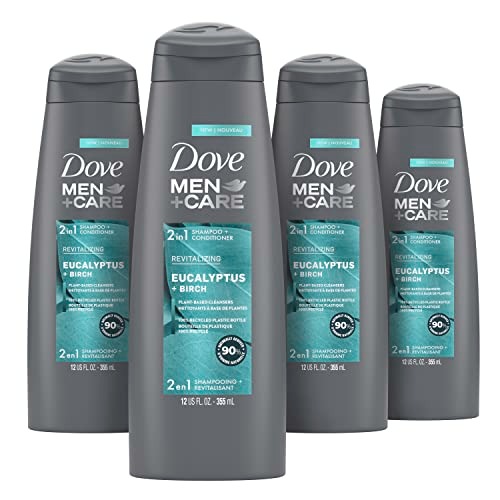 DOVE MEN + CARE 2 in 1 Shampoo & Conditioner Eucalyptus & Birch 4 Count For Healthy-Looking Hair Naturally Derived Plant Based Cleansers 12 oz - 12 Fl Oz (Pack of 4)
