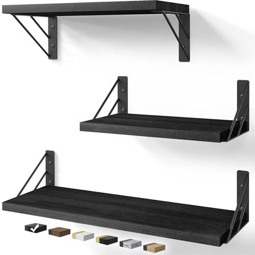 BAYKA Wall Shelves for Bedroom Decor, Floating Shelves for Wall Storage, Wall Mounted Rustic Wood Shelf for Books,Plants,Small Wall Shelf for Bathroom,Kitchen,Living Room(Black，Set of 3) - Black