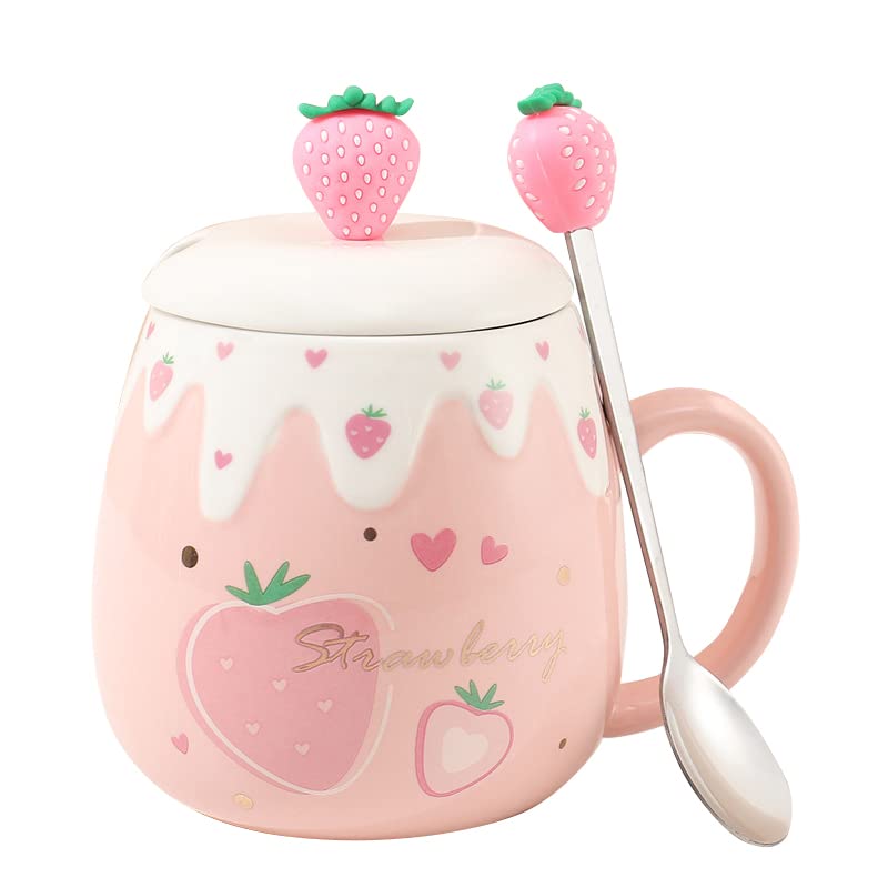 Cute Strawberry Mugs Pink Coffee Mug Ceramic kawaii Cup Morning Tea Milk Fruit Mug with Lovely Lid Stainless Steel Spoon Creative Novelty Birthday Valentine's Day Christmas for Lovers Girl 500ML