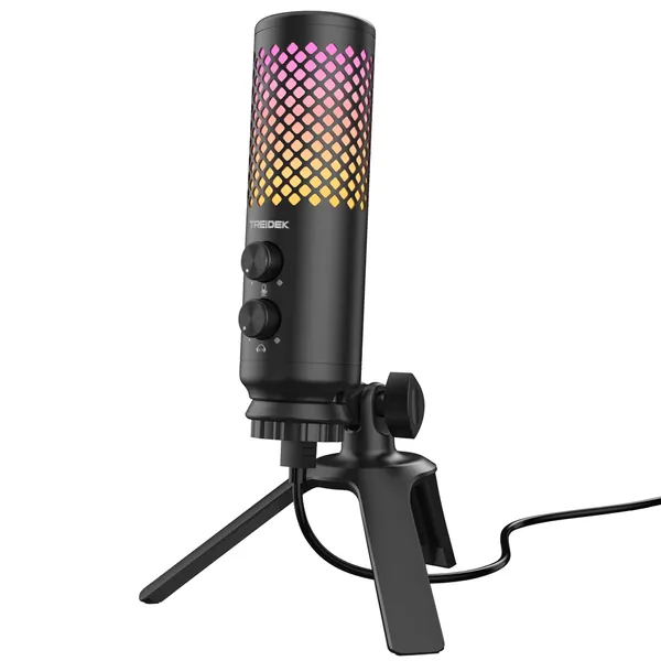 TREIDEK USB Mikrofon PC Gaming Mikrofon Kondensatormikrofon Plug & Play Nierencharakteristik mit RGB LED, Stummschalter, Stativ, Shock Mount für PC, PS4 und PS5, Streaming, Podcast, Voice-Over - 