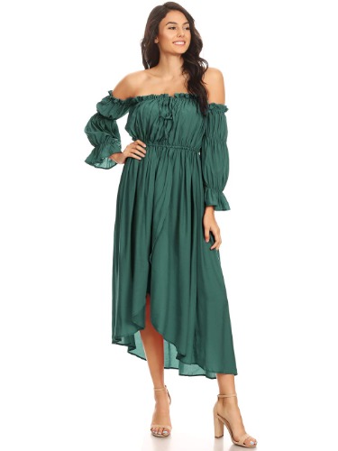 Boho Long Sleeve Off Shoulder Renaissance Peasant Dress - X-Large Green