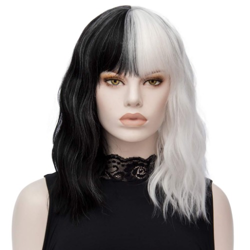 Black and White Wigs for Women ATAYOU Short Wavy Black White Wigs with Full Bang Half Black and Half White Halloween Wig Synthetic Cosplay Women Wig (Black and white 410) - Black and white 410