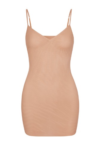 Soft Mesh V-Neck Mini Slip Dress in Warm Peach | XS