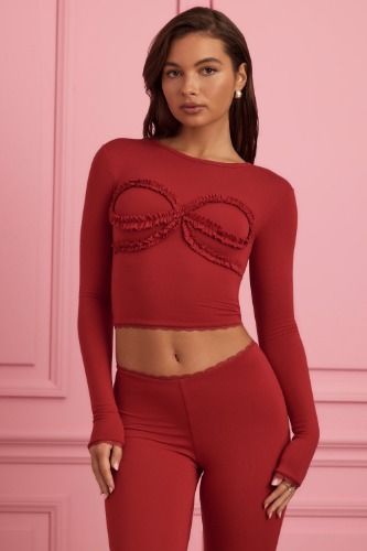 Lace-Trim Appliqué Pyjama Top in Ruby Red | XS