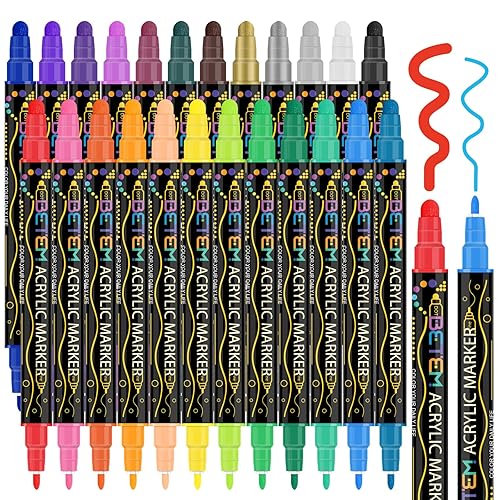Betem 24 Colors Dual Tip Acrylic Paint Pens Markers, Premium Acrylic Paint Pens for Wood, Canvas, Stone, Rock Painting, Glass, Ceramic Surfaces, DIY Crafts Making Art Supplies - 24 Colors Paint Markers