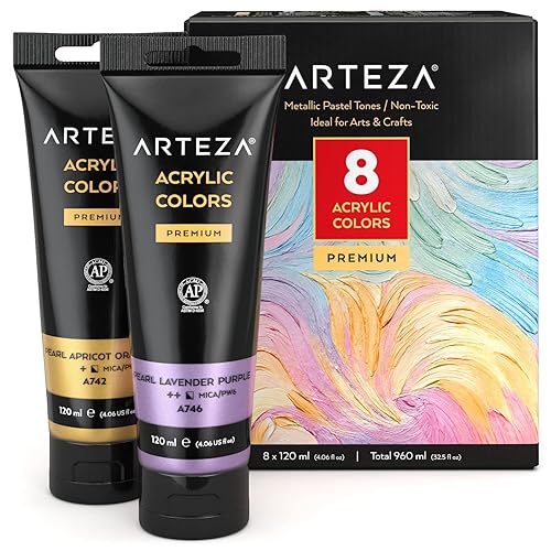 ARTEZA Pastel Acrylic Paint, Set of 8, Metallic Tones, 4.06 fl oz Tubes, High Viscosity Water-Based Paint, Glossy Finish, Art Supplies for Painting Paper, Canvas, Wood and Fabric, and DIY Projects - 8 x 120ml (4.06 fl oz) Pastel