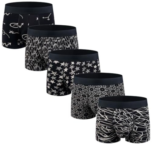 Aserlin Men's Underwear Boxer Briefs Cotton Huge Pouch Trunks Short Leg Underwear 5 Pack - Large - 05: Black Patterns