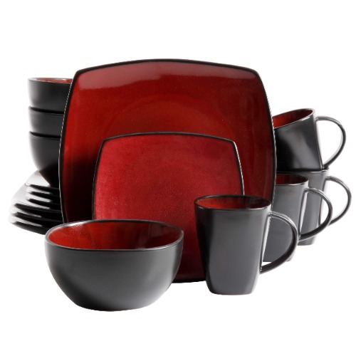 Gibson Soho Lounge 16-Piece Square Reactive Glaze Dinnerware Set, Red