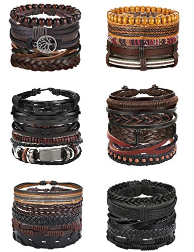 Florideco 30PCS Braided Leather Bracelets for Men Women Wrap Wood Beads Bracelet Woven Ethnic Tribal Rope Wristbands Bracelets Set Adjustable - A:30PCS Style A