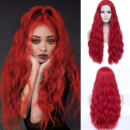 ATAYOU Damen Lange Rote Perücke Lange Gewellte Synthetische Cosplay Perücken Hitzebeständige Rote Perücke für Frauen Halloween Kostüm (Rot 0537) - Rot 0537