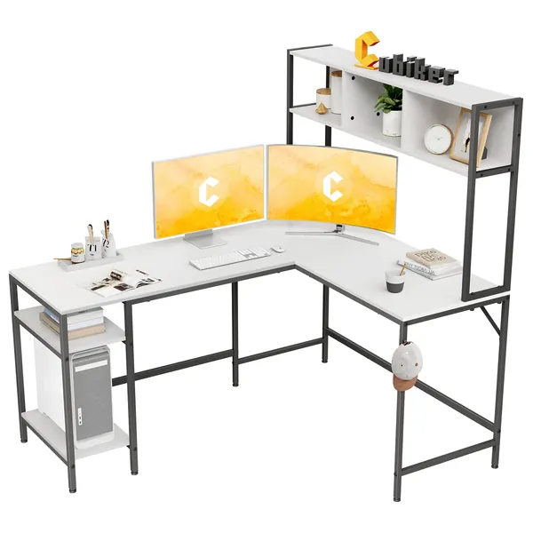 Cubiker L-Shaped Desk with Hutch, 60" Corner Computer Desk, Home Office Gaming Table with Storage Shelves, Space-Saving, White - White